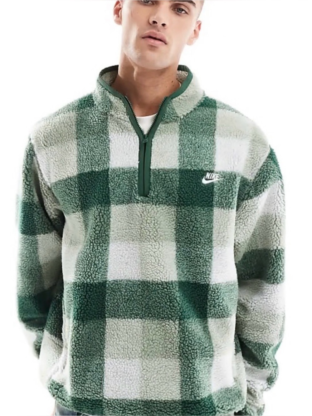 Nike Men’s Green and Cream Plaid Sherpa Quarter-Zip Pullover